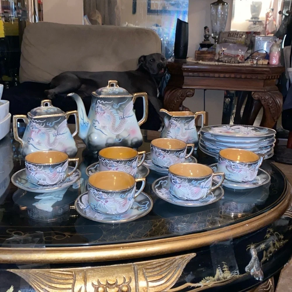 Vintage 21pc Moriyama Dragonwear hand painted Tea Set Japan Blue Bead Eyes